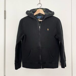 Polo Ralph Lauren Boy's Full Zip Black Hoodie L (14-16) Plaid Hood Preppy